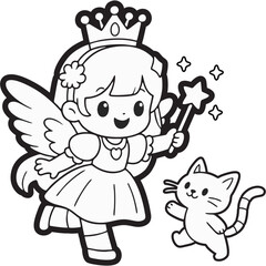 Adorable Chibi Fairy Playing with Cat – Coloring Book Page