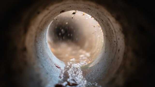 A close up shot of the inside of an open pipe, showing flowing water and debris in it