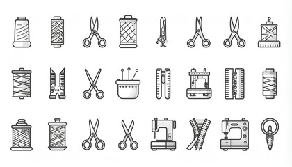 Grey And White Pixel Art Sewing Icons On White Background, Set of Icon