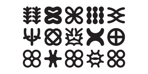 A collection of fifteen adinkra symbols displayed in three rows on a white background clearly visible