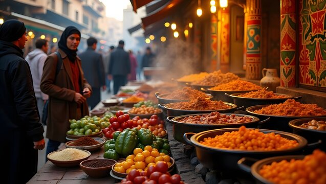 Vibrant Street Food Display with Customers at a Colorful Market Stall, An Array of Fresh Produce and Cooked Dishes at a Marketplace, Shoppers Browsing Food Offerings at an Illuminated Evening Bazaar