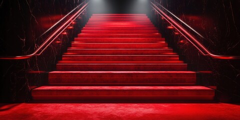 Illuminated red staircase in a dimly lit venue creating an inviting yet mysterious atmosphere at night