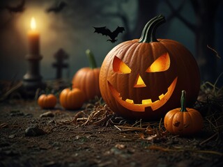 Spooky jack o lanterns glow in dark forest on halloween night