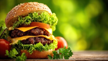 Juicy double cheeseburger with fresh lettuce, tomato, and parsley on a wooden surface, set against a vibrant green bokeh background