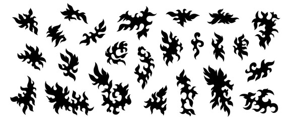 Set of leaves silhouettes, botanical elements. Vector graphics. Collection of black eaves silhouettes. Vector elements isolated on white background. Tattoo art. Black and white illustration.