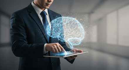 Businessman interacts with a digital brain hologram displayed on a tablet, symbolizing intelligence, innovation, and technology.