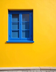 A bright yellow wall with a blue window