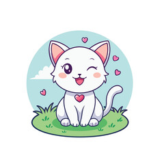 A cartoon illustration of a white cat on white background.