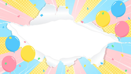 Fototapeta premium 穴の空いた紙の背景フレーム、風船、紙吹雪、集中線のデコレーション、サンバースト、16:9