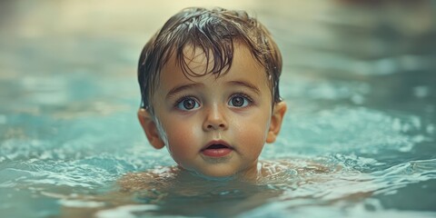 Young child enjoying a playful swim in a tranquil pool during warm daylight hours