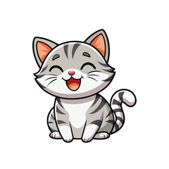 vector of a cheerful, gray, striped cartoon kitten character. 