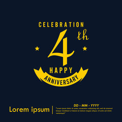 4th years anniversary celebration emblem. happy anniversary yellow logo isolated with ribbon on dark background. vector illustration template design for web banner	
