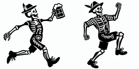 Skeleton dancing in lederhosen Oktoberfest. Cartoon Minimal Clipart Silhouette Vector Illustration Line Art Illustration. Bone figure jiving german garb at autumn beer festival celebration.