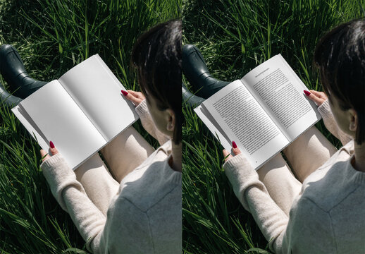 Mockup Of Woman Reading Customizable Book On Grass