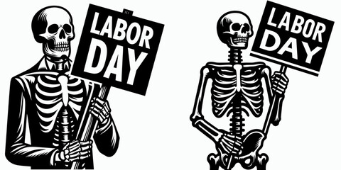 Skeleton holding protest sign Labor Day. Cartoon Minimal Clipart Silhouette Vector Illustration Line Art Illustration. Bony figure at rally with placard worker appreciation day holiday.