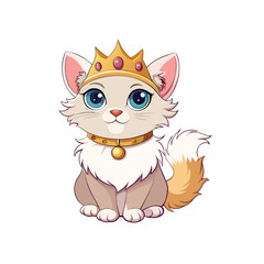 An illustration of a cat wearing a crown and collar, royal  princess cat on white background