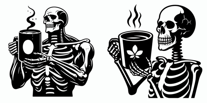 Skeleton holding giant mug National Coffee Day. Cartoon Minimal Clipart Silhouette Vector Illustration Line Art Illustration. Bony figure with huge cup marking worldwide java holiday.