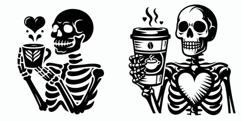 Skeleton showing coffee heart National Day. Cartoon Minimal Clipart Silhouette Vector Illustration Line Art Illustration. Bone structure displaying java affection for worldwide caffeine.