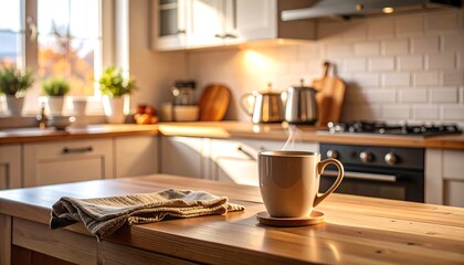 Warm morning sunlight streams into a kitchen, illuminating a steaming mug on a wooden counter