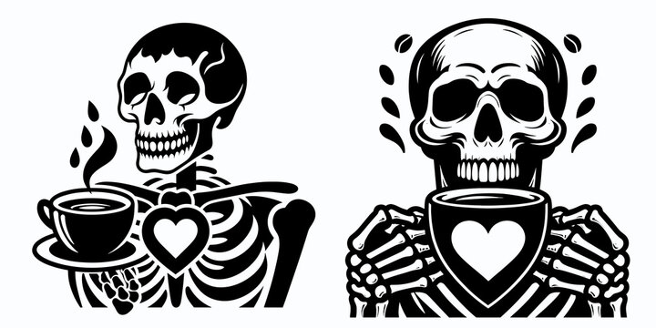 Skeleton showing coffee heart National Day. Cartoon Minimal Clipart Silhouette Vector Illustration Line Art Illustration. Bone figure revealing java affection for global drink holiday.