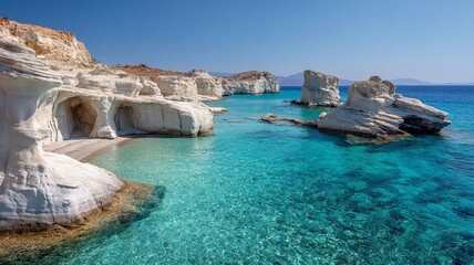 Beautiful turquoise waters of Sarakiniko, Milos, Greece, image with copyspace and no people, travel concept, incredible views