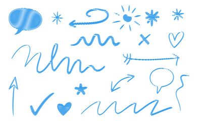 Obraz premium Collection of blue hand drawn sketchy elements including arrows speech bubbles hearts stars and wavy lines 