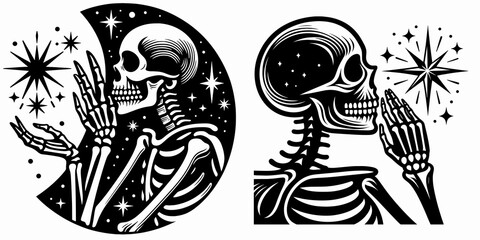 Skeleton whispering wish to star Winter Solstice. Cartoon Minimal Clipart Silhouette Vector Illustration Line Art Illustration. Bone figure sharing hope shine yuletide astronomy night.
