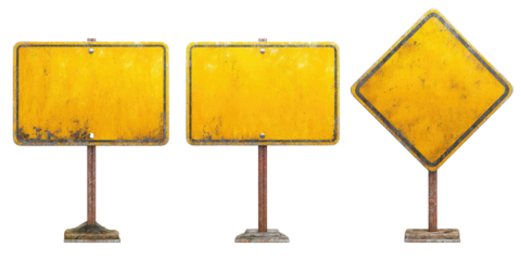 Three weathered, empty yellow road signs on metal stands