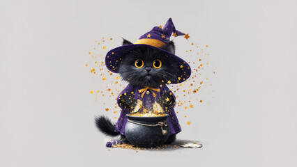 Charming Halloween illustration featuring an adorable wizard cat brewing potions in a magical cauldron surrounded by sparkling stars. Perfect for festive decoration.
