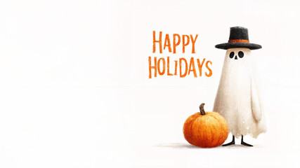 Charming Halloween illustration featuring a cute ghost wearing a hat beside a pumpkin, perfect as a customizable greeting card or festive wallpaper for Halloween.