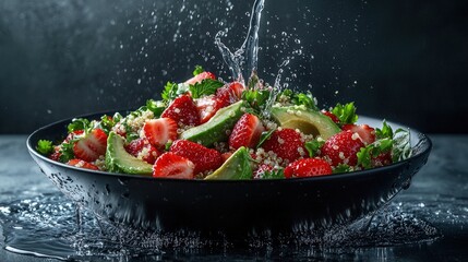 Fresh fruit and grain salad with water splash.