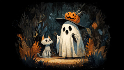 Charming Halloween illustration featuring an adorable ghost and a cute cat surrounded by whimsical autumn scenery, perfect for festive cards and seasonal decorations.