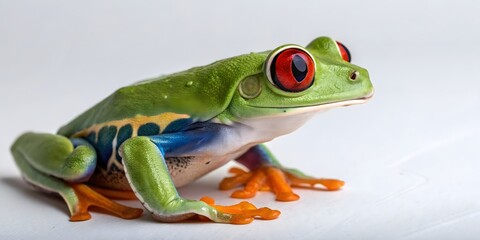 Obraz premium Vibrant red-eyed tree frog with striking blue and orange markings on a clean white background