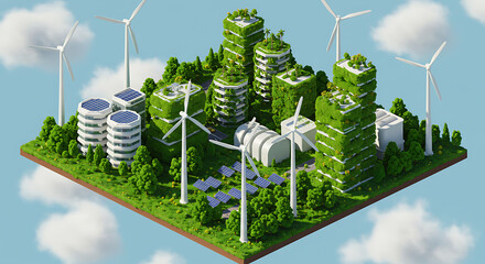 An isometric cutaway of a futuristic eco-city with renewable energy sources: multiple wind turbines, solar panel fields, and vertical greenery 
