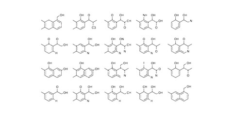 A collection of various organic chemical structures with hydroxyl and carbonyl groups present in the image