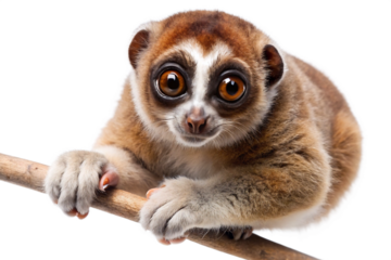 Adorable slow loris with large expressive eyes perched on a branch against a dark background