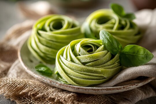 Green pasta tagliatelle nests with basil leaves on rustic plate