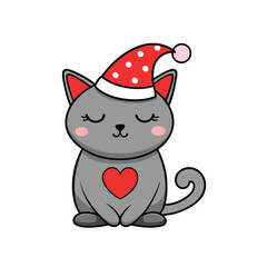 Cartoon kitten wearing red Santa hat and celebrates Merry Christmas day