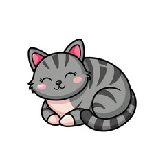 Cute hand drawn cartoon cat isolated, a cute, gray cartoon sleeping cat with tabby stripes, pink ears, and a pink belly, depicted in a relaxed, curled-up pose.