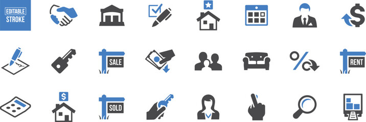 Real Estate and Property Icons – House, Building, Rent, Buy, Sale, Home, Property, Real Estate, Investment, Agent, Deal, Land, Construction, Location, Office, Vector, Line Art, Icon Set