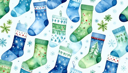 Watercolor Christmas stockings in blue and green on a light blue background with snowflakes