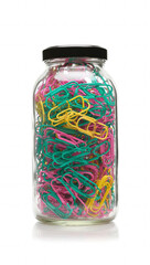Glass Jar Filled with Colorful Paper Clips on White Background