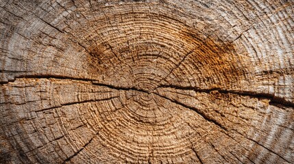 Fototapeta premium The round cross-section of a tree trunk showcases intricate growth rings and visible cracks, highlighting the natural aging process of the wood. This close-up reveals rich textures.