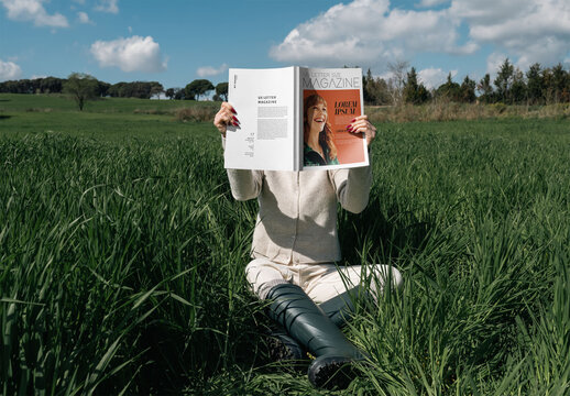 Mockup Of Woman Holding Customizable Us Letter Magazine Over Face