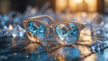 Elegant diamond-studded glasses with blue multifaceted lenses reflecting luxury and glamour, perfect for fashion campaigns and high-end eyewear promotions, radiating sophistication