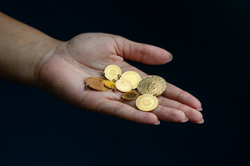 Hand holding gold coins, close up