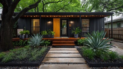 Fototapeta premium Modern dark house with vibrant yard. Well-lit porch features a wooden door and string lights. The yard is meticulously landscaped with stone path, gravel, and various plants. Surrounded by greenery
