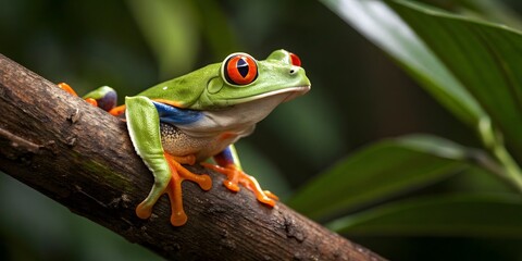 Vibrant red-eyed tree frog perched on a branch, showcasing nature's stunning colors and delicate balance.
