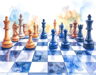 Watercolor painting of a chessboard with chess pieces arranged for a game, set against a watercolor background