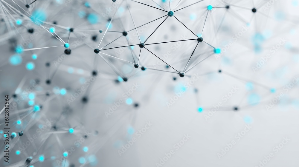 Poster an intricate web of interconnected nodes and lines forms an abstract network.